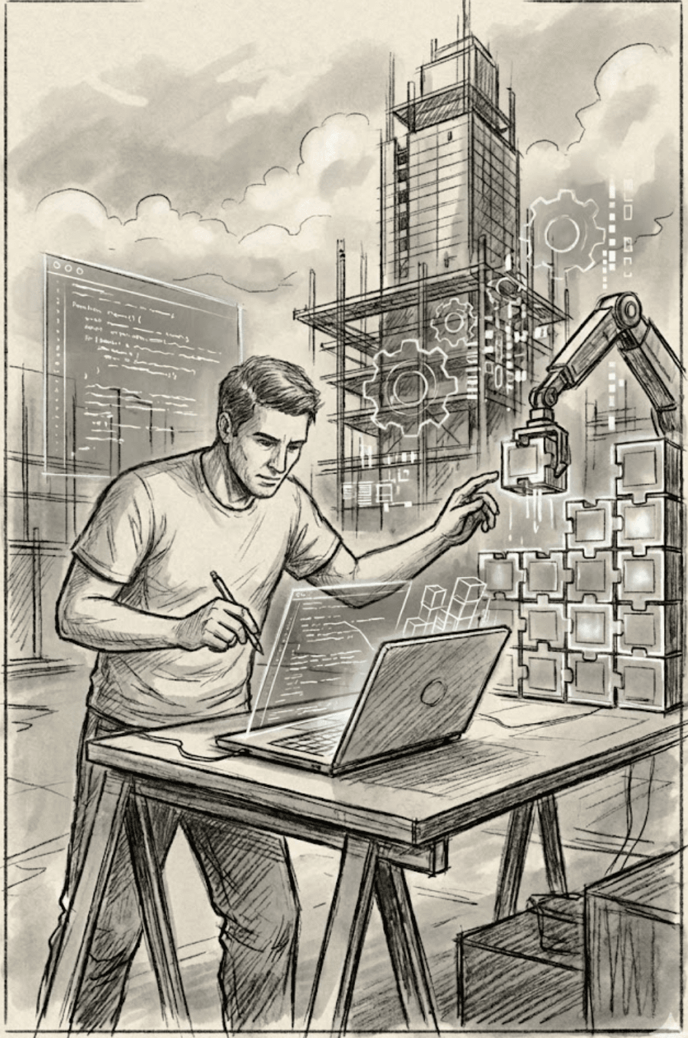 Hand-drawn sketch of a builder working with AI tools and code